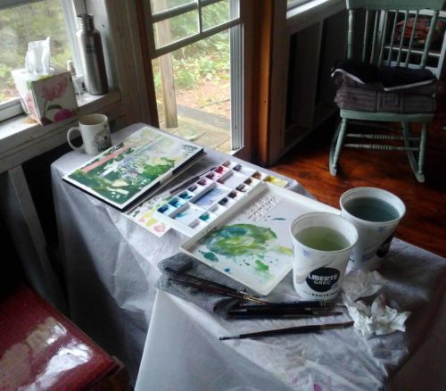 Photo of painting setup for small watercolour landscape.