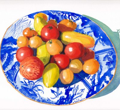 Small original watercolor painting of some fresh red, yellow and orange cherry tomatoes on a vintge blue and white china plate.