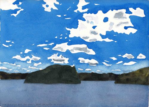 Small original watercolor painting of late summer blue sky dotted with white clouds over a calm blue lake, and island the pine shores.