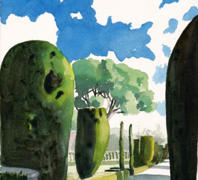Original watercolor painting of topiary-lined walkway in the late afternoon with long shadows and deep blue winter sky, Madrid, Spain.
