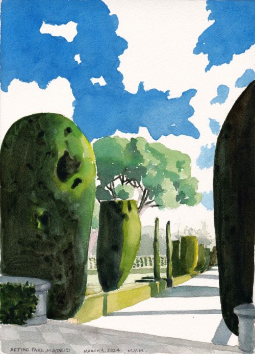Original watercolor painting of topiary-lined walkway in the late afternoon with long shadows and deep blue winter sky, Madrid, Spain.